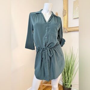 Glam Shirt Dress Button Front Short Roll Tab Sleeve Pocket Tie Waist small Green